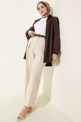 Cep Kapaklı Kemerli Pantolon Bej - Pantolon