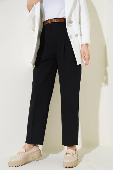 Cep Kapaklı Kemerli Pantolon Siyah - Pantolon