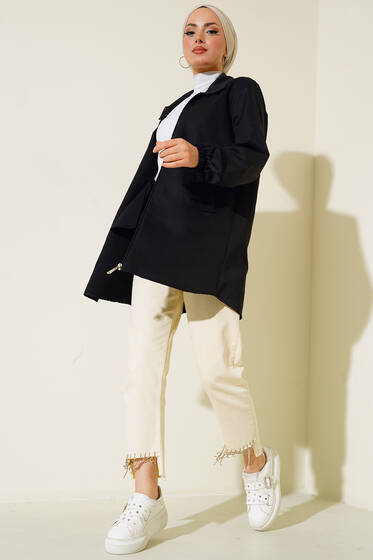 Cep Kapaklı Kısa Trençkot Siyah - Trençkot