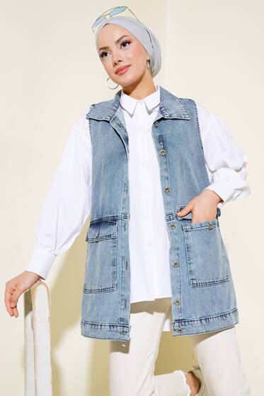 Cep Kapaklı Kot Yelek Kot Mavisi - Yelek