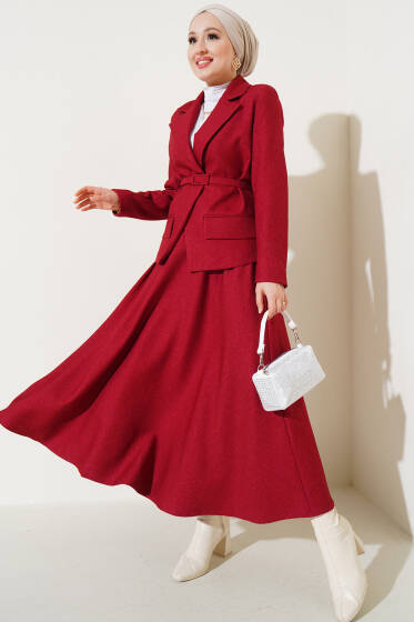 Cep Kapaklı Kruvaze Yaka Ceket Takım Bordo - İkili Takım