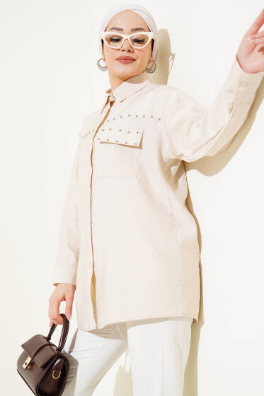 Cep Kapaklı Metal Detaylı Gömlek Bej - Gömlek
