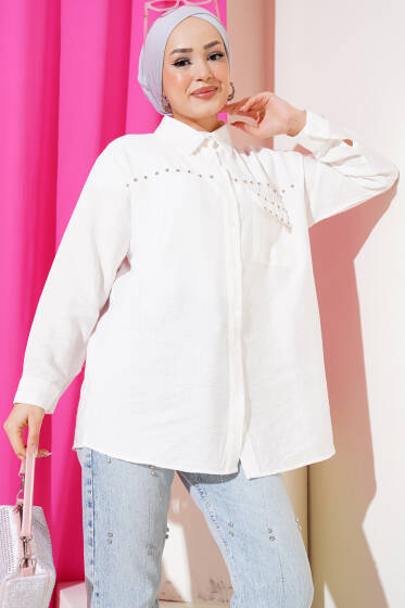Cep Kapaklı Metal Detaylı Gömlek Beyaz - Gömlek