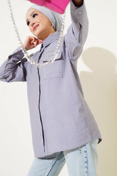 Cep Kapaklı Metal Detaylı Gömlek Gri - Gömlek