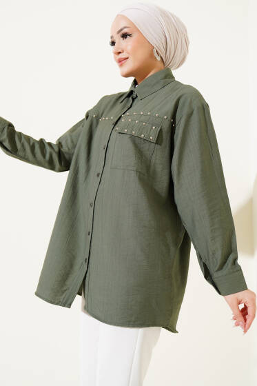 Cep Kapaklı Metal Detaylı Gömlek Haki - Gömlek