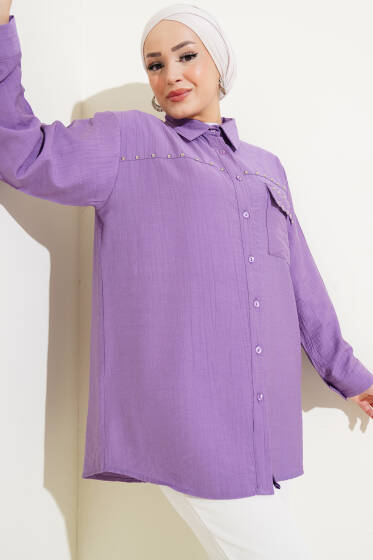 Cep Kapaklı Metal Detaylı Gömlek Lila - Gömlek