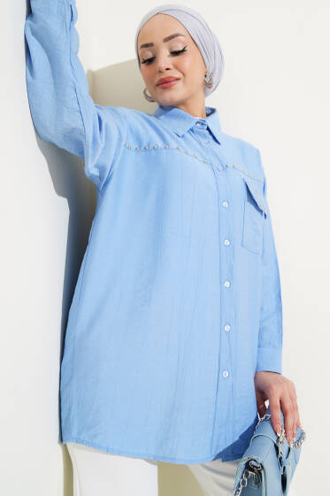 Cep Kapaklı Metal Detaylı Gömlek Mavi - Gömlek