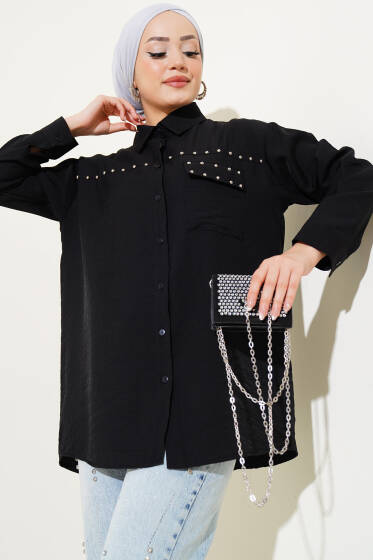 Cep Kapaklı Metal Detaylı Gömlek Siyah - Gömlek