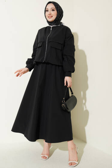 Cep Kapaklı Paraşüt Etekli İkili Takım Siyah - İkili Takım