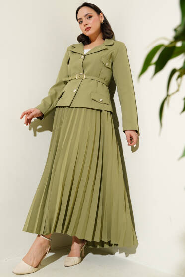 Cep Kapaklı Pileli Etekli İkili Takım Çağla Yeşili - İkili Takım