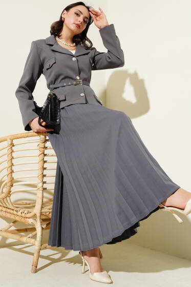 Cep Kapaklı Pileli Etekli İkili Takım Füme - İkili Takım