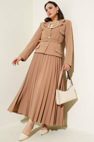 Cep Kapaklı Pileli Etekli İkili Takım Latte - İkili Takım