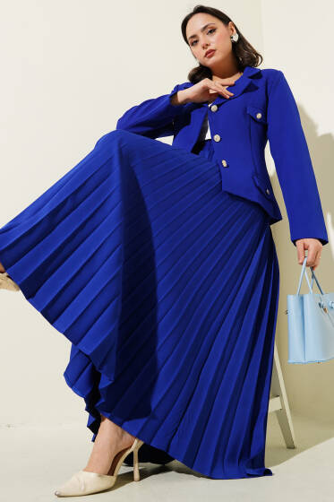 Cep Kapaklı Pileli Etekli İkili Takım Saks - İkili Takım