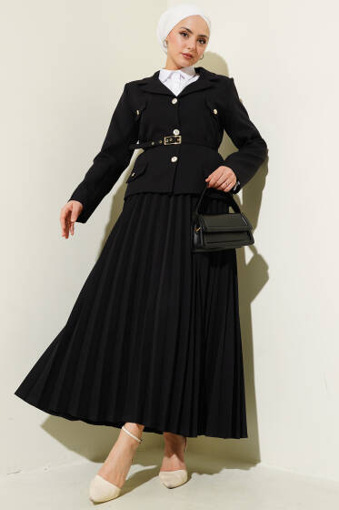 Cep Kapaklı Pileli Etekli İkili Takım Siyah - İkili Takım