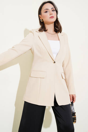 Cep Kapaklı Tek Düğmeli Blazer Ceket Bej - Ceket