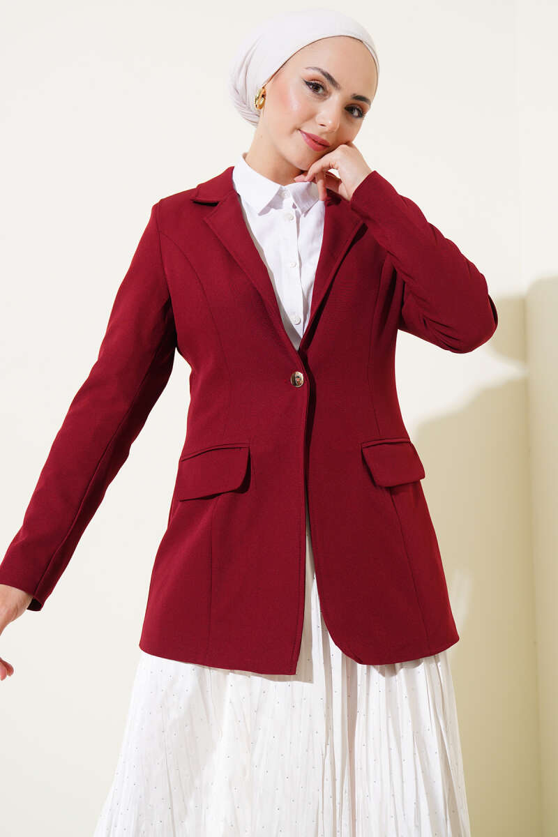Cep Kapaklı Tek Düğmeli Blazer Ceket Bordo