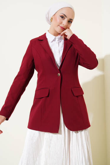 Cep Kapaklı Tek Düğmeli Blazer Ceket Bordo - Ceket
