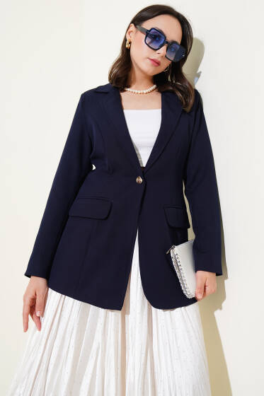 Cep Kapaklı Tek Düğmeli Blazer Ceket Lacivert - Ceket