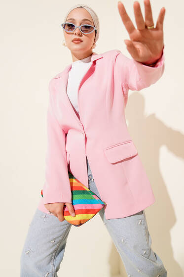 Cep Kapaklı Tek Düğmeli Blazer Ceket Pembe - Ceket