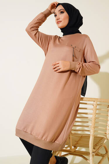 Cep Kapaklı Uzun Tunik Bej - Tunik