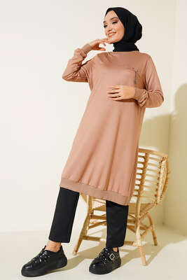 Cep Kapaklı Uzun Tunik Bej - Tunik