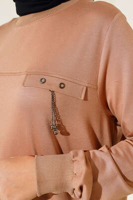 Cep Kapaklı Uzun Tunik Bej - Tunik