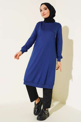 Cep Kapaklı Uzun Tunik İndigo - Tunik