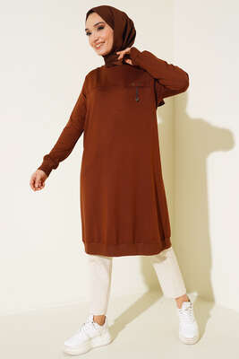 Cep Kapaklı Uzun Tunik Kahve - Tunik