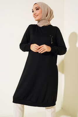 Cep Kapaklı Uzun Tunik Siyah 
