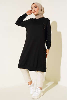 Cep Kapaklı Uzun Tunik Siyah - Tunik