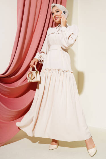 Cep Kapaklı Volanlı Elbise Bej - Elbise