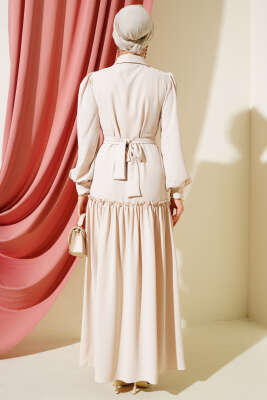 Cep Kapaklı Volanlı Elbise Bej - Tesettür Elbise