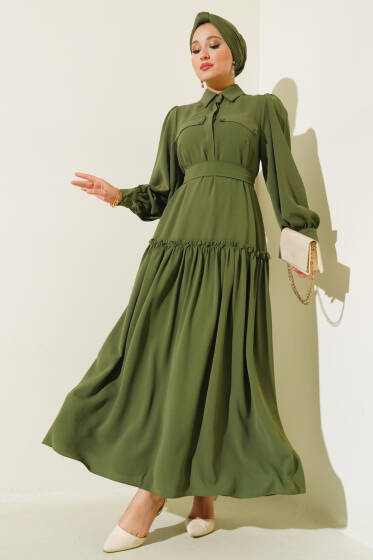 Cep Kapaklı Volanlı Elbise Haki - Elbise