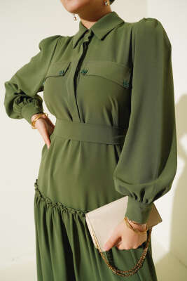 Cep Kapaklı Volanlı Elbise Haki - Tesettür Elbise
