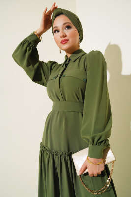 Cep Kapaklı Volanlı Elbise Haki - Tesettür Elbise