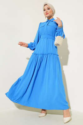 Cep Kapaklı Volanlı Elbise Mavi - Tesettür Elbise