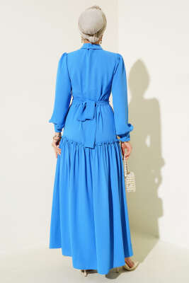 Cep Kapaklı Volanlı Elbise Mavi - Tesettür Elbise