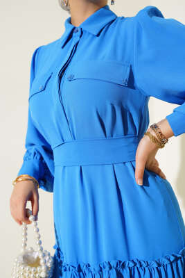 Cep Kapaklı Volanlı Elbise Mavi - Tesettür Elbise