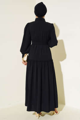 Cep Kapaklı Volanlı Elbise Siyah - Tesettür Elbise