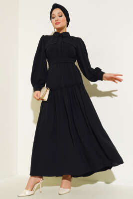 Cep Kapaklı Volanlı Elbise Siyah - Tesettür Elbise