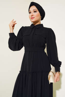 Cep Kapaklı Volanlı Elbise Siyah - Tesettür Elbise