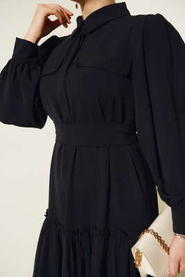 Cep Kapaklı Volanlı Elbise Siyah - Tesettür Elbise