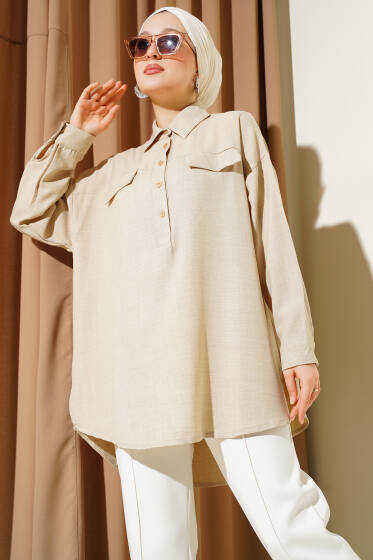 Cep Kapaklı Yarım Düğmeli Tunik Bej - Tunik