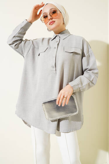 Cep Kapaklı Yarım Düğmeli Tunik Gri - Tunik