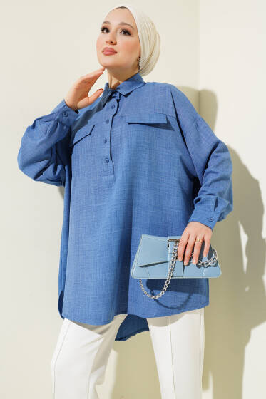Cep Kapaklı Yarım Düğmeli Tunik İndigo - Tunik