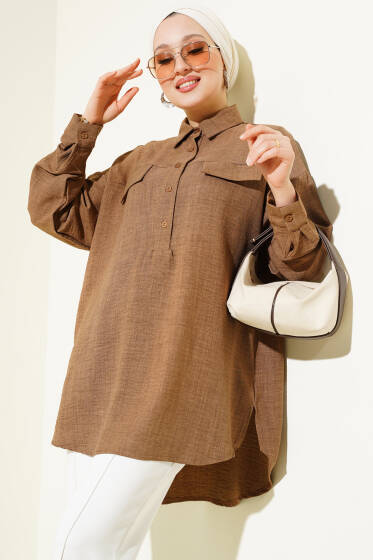 Cep Kapaklı Yarım Düğmeli Tunik Kahve - Tunik