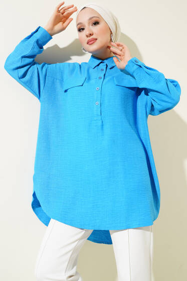 Cep Kapaklı Yarım Düğmeli Tunik Mavi - Tunik