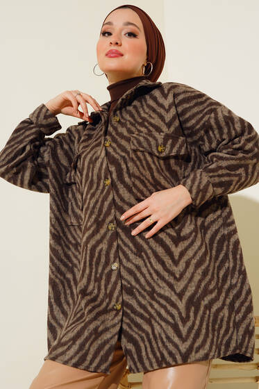 Cep Kapaklı Zebra Desenli Gömlek Kahve - Gömlek