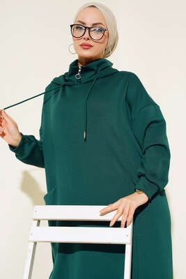 Torba Cep Kapüşonlu Elbise Zümrüt - Tesettür Elbise