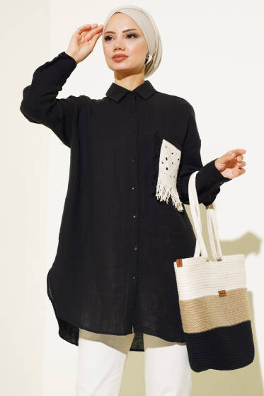 Cep Püskül Detaylı Gömlek Siyah - Gömlek